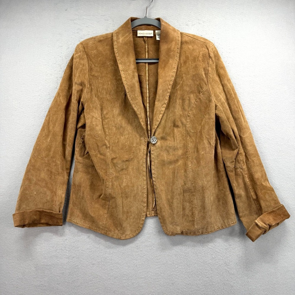 Kim Rogers Suede Leather Jacket Womens Large Brown‎ Shawl Collar Single Button